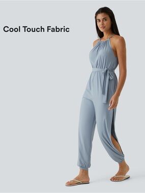 Halara Sleeveless Tie Plicated Belted Side Pocket Cut Out Cool Touch Jumpsuit LP